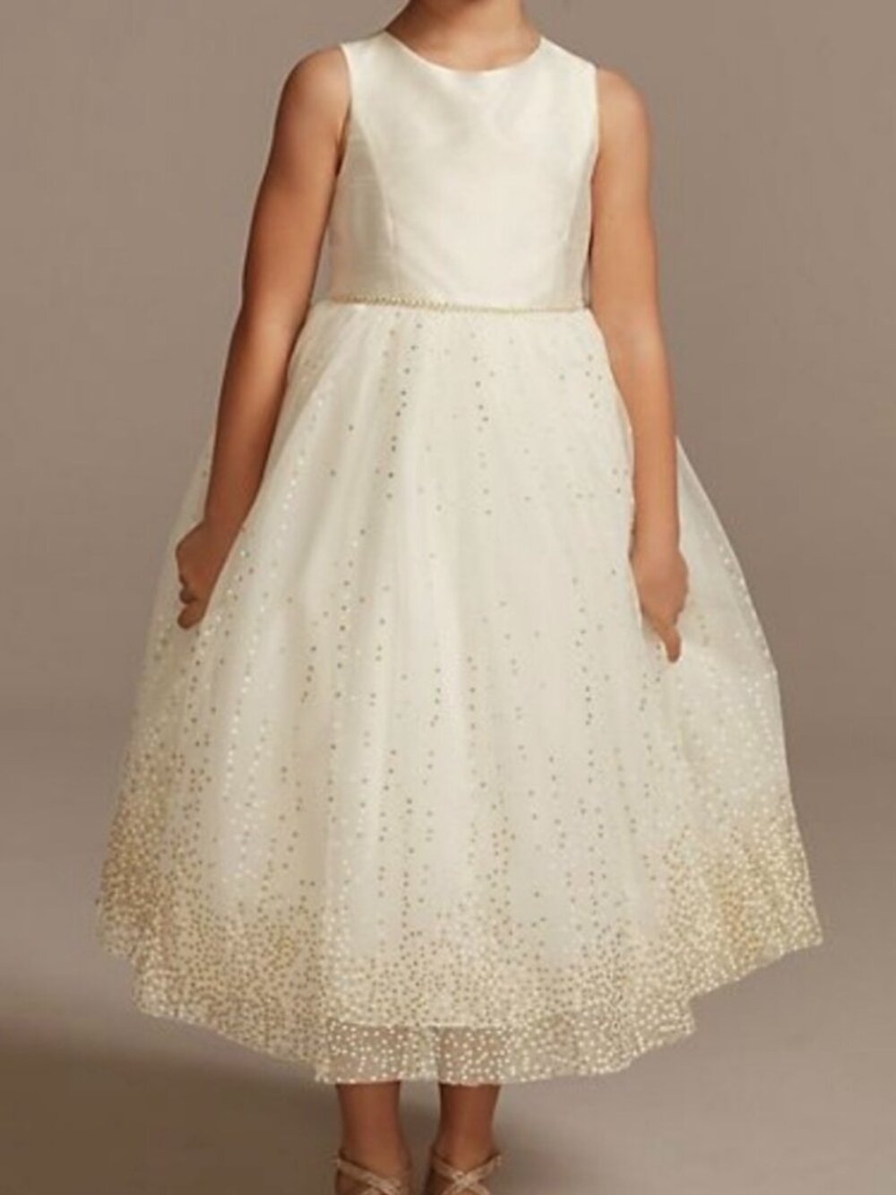 David’s Bridal Girls 4 Tulle Tea Length Gold Glitter Flower Girl Formal Dress